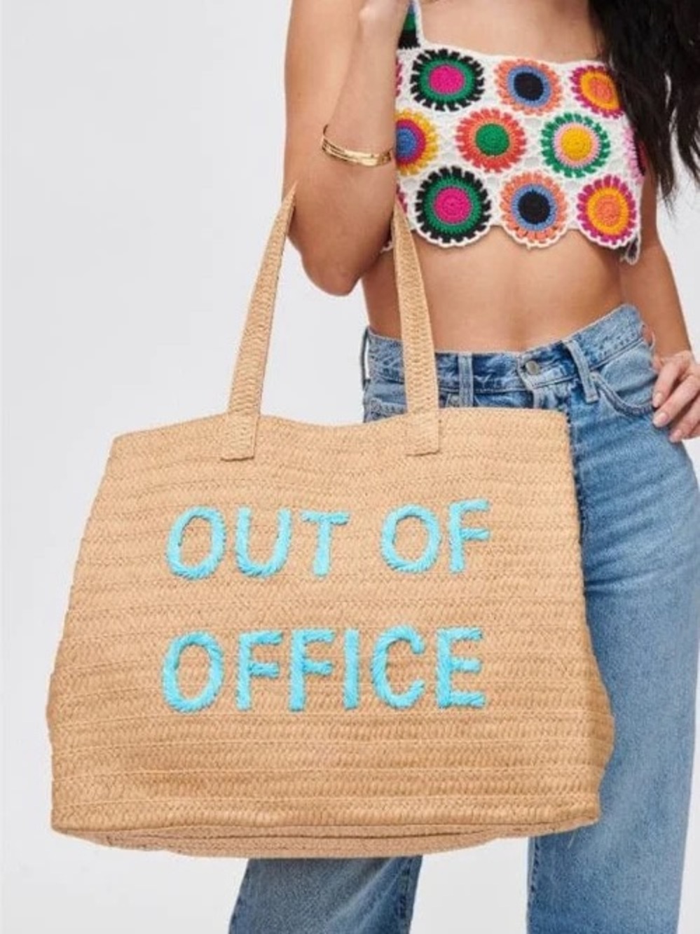 Out of Office Straw Tote Bag in Natural with Turquoise Lettering